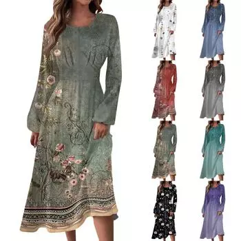 Женское осенне-зимнее повседневное модное платье с круглым вырезом и длинным рукавом с принтом M синий