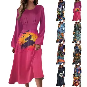 Женское осенне-зимнее повседневное модное платье с круглым вырезом и длинным рукавом с принтом S