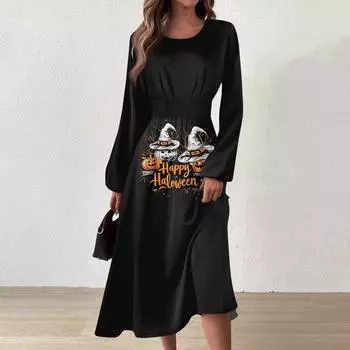 Женское осенне-зимнее повседневное модное платье с круглым вырезом и длинным рукавом с принтом M