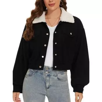 Женское осенне-зимнее повседневное однотонное короткое вельветовое пальто с лацканами и длинными рукавами XS чёрный