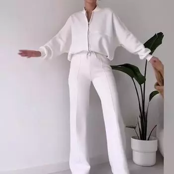 Женское осенне-зимнее повседневное пальто с круглым вырезом на молнии + брюки на шнуровке, толстые спортивные костюмы из двух частей в винтажном стиле с длинными рукавами, однотонные женские костюмы XXL белый