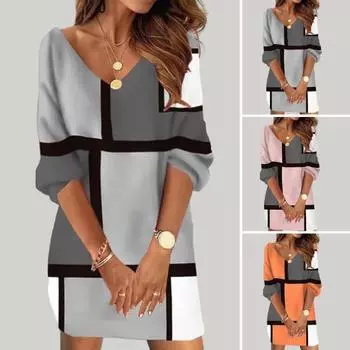 Женское осенне-зимнее повседневное платье с v-образным вырезом и длинным рукавом, геометрический контрастный цветной принт, платье большого размера для отпуска, уличная одежда M оранжевый