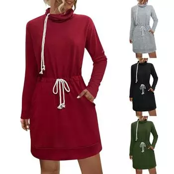 Женское осенне-зимнее повседневное платье с длинными рукавами, воротником-стойкой, поясом и карманом M серый