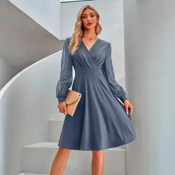 Женское осенне-зимнее повседневное платье с V-образным вырезом, однотонное жаккардовое платье S чёрный