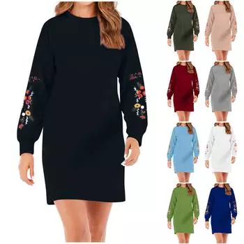 Женское осенне-зимнее повседневное платье-толстовка с длинным рукавом и цветочной вышивкой L