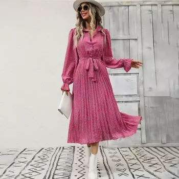 Женское осенне-зимнее повседневное платье трапециевидной формы до щиколотки с высокой талией и длинным рукавом с цветочным принтом и v-образным вырезом S розы красного