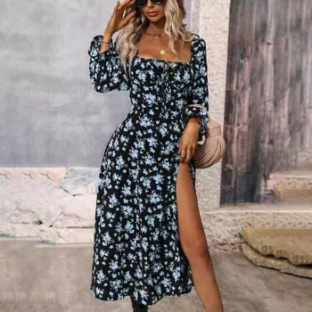 Женское осенне-зимнее повседневное платье трапециевидной формы до щиколотки с высокой талией и длинным рукавом с цветочным принтом и квадратным вырезом L золотой