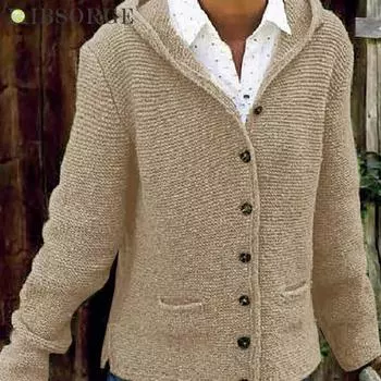 Женское осенне-зимнее повседневное свободное трикотажное пальто с капюшоном и карманами S коричневый