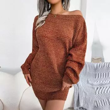 Женское осенне-зимнее повседневное трикотажное платье-свитер с одной линией шеи с открытыми плечами и рукавами-фонариками SL S чёрный