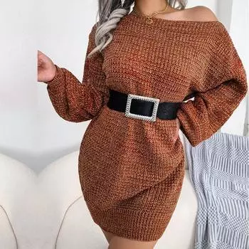 Женское осенне-зимнее повседневное трикотажное платье-свитер с одной линией шеи с открытыми плечами и рукавами-фонариками SL S синий