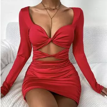 Женское осенне-зимнее сексуальное однотонное платье с длинным рукавом и длинным шиком XS оранжевый