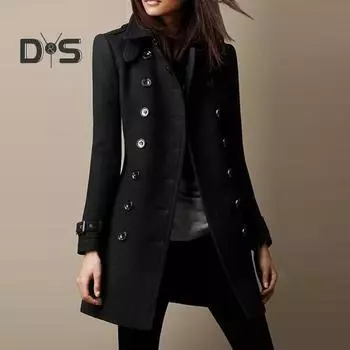 Женское осенне-зимнее шерстяное пальто с лацканами и длинными рукавами, двубортное однотонное пиджак средней длины, уличная одежда 2XL чёрный