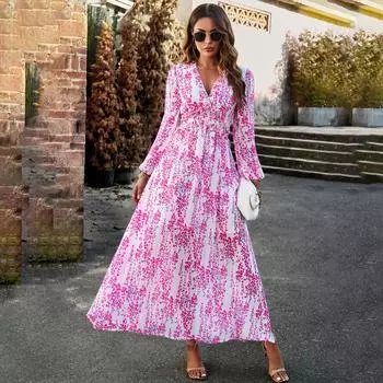 Женское осенне-зимнее шифоновое повседневное платье трапециевидной формы длиной до колена с длинным рукавом и принтом с v-образным вырезом и высокой талией S розы красного