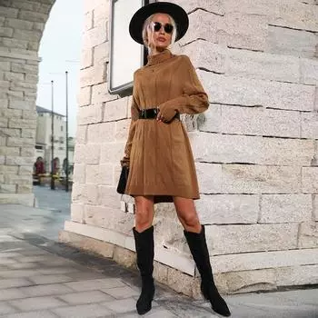 Женское осенне-зимнее шикарное однотонное вязаное платье-свитер с длинным рукавом и высоким воротником, толстый длинный пуловер трапециевидной формы S верблюд