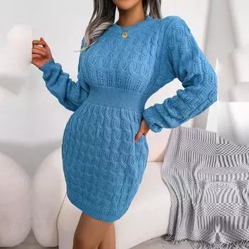Женское осенне-зимнее сплошное цветное повседневное платье-свитер с запахом на талии и круглым вырезом SL S синий
