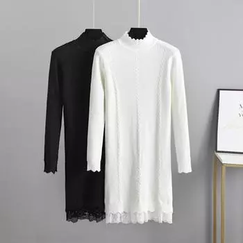 Женское осенне-зимнее сплошное цветное тонкое шерстяное трикотажное платье средней длины с высоким воротом и шнуровкой OneSize чёрный