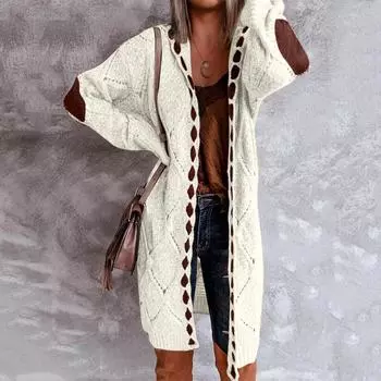 Женское осенне-зимнее сплошное длинное вязаное пальто с капюшоном и длинными рукавами, жаккардовая текстура, свитер длиной до колена, кардиган, свободная верхняя одежда XXXXXL чёрный