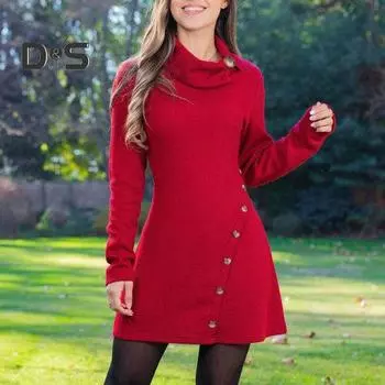 Женское осенне-зимнее сплошное мини-платье с воротником с длинными рукавами и пуговицами на бедрах, короткое платье с высокой талией, уличная одежда L чёрный