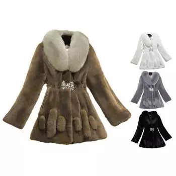 Женское осенне-зимнее сплошное толстое плюшевое пальто с лацканами и длинными рукавами, эластичная резинка на талии и пряжкой, теплое пальто из искусственного меха M белый