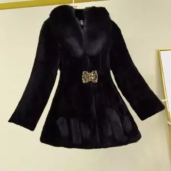 Женское осенне-зимнее сплошное толстое плюшевое пальто с лацканами и длинными рукавами, эластичная резинка на талии и пряжкой, теплое пальто из искусственного меха L чёрный