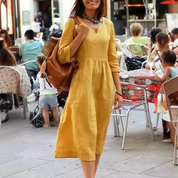 Женское осенне-зимнее свободное платье большого размера со средним рукавом S жёлтый
