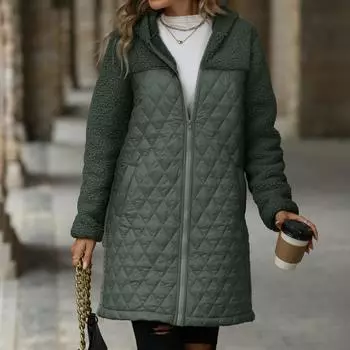 Женское осенне-зимнее свободное плюшевое пальто с капюшоном на молнии L армия зеленый