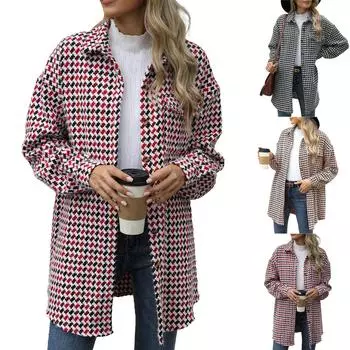 Женское осенне-зимнее свободное шерстяное пальто с длинными рукавами и карманом в ломаную клетку L красный