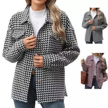Женское осенне-зимнее свободное шерстяное пальто с длинными рукавами и карманом в ломаную клетку L чёрный