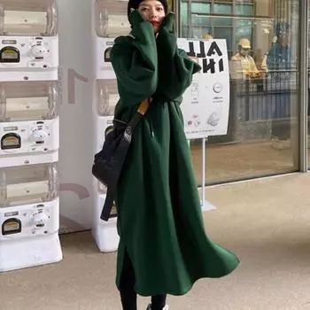 Женское осенне-зимнее свободное утепленное длинное платье весенне-зеленого цвета с капюшоном 4XL зелёный