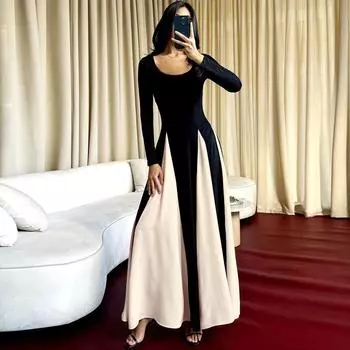 Женское осенне-зимнее темпераментное контрастное платье в стиле пэчворк с тонкими бретелями, однотонное платье с круглым вырезом и длинными рукавами S чёрный