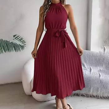 Женское осенне-зимнее темпераментное однотонное плиссированное платье без рукавов с высокой талией и шнуровкой S бордовый