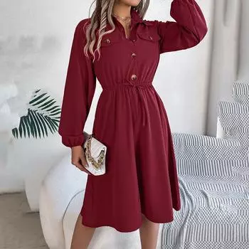 Женское осенне-зимнее темпераментное однотонное плиссированное платье с высокой талией и длинными рукавами на шнуровке S бордовый