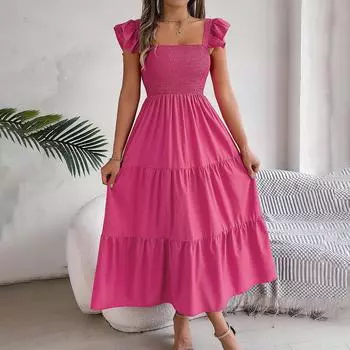 Женское осенне-зимнее темпераментное однотонное плиссированное платье с высокой талией и короткими рукавами на шнуровке M