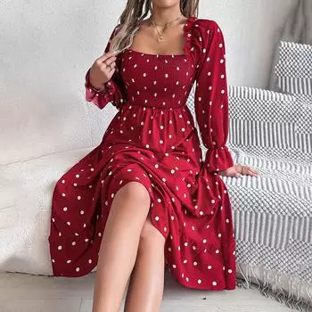 Женское осенне-зимнее темпераментное однотонное плиссированное платье в горошек с высокой талией и длинными рукавами S красный