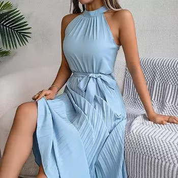 Женское осенне-зимнее темпераментное однотонное плиссированное платье без рукавов с высокой талией и шнуровкой