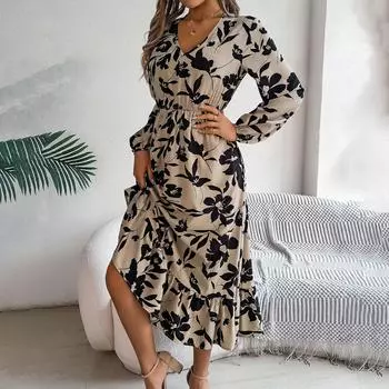 Женское осенне-зимнее темпераментное однотонное плиссированное платье с высокой талией и длинными рукавами на шнуровке S хаки