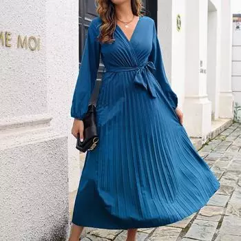 Женское осенне-зимнее темпераментное плиссированное платье макси с V-образным вырезом и длинными рукавами на шнуровке, S-XL L чёрный