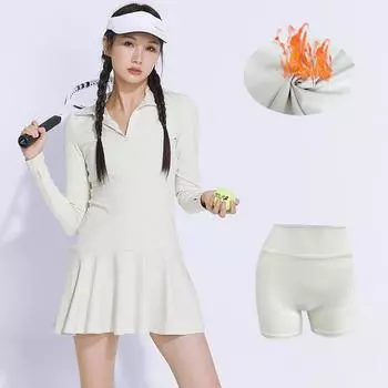 Женское осенне-зимнее теплое теннисное платье с длинными рукавами, платье для активных тренировок, поло с воротником, спортивная йога, упражнения для бега, платья для гольфа с карманами, шорты XS/2 абрикосовый