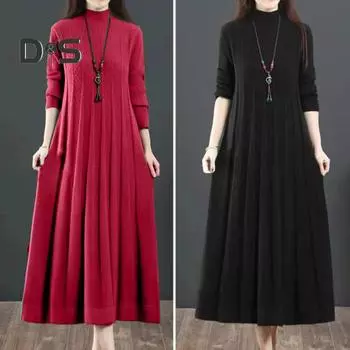 Женское осенне-зимнее трикотажное платье А-силуэта со свободным подолом, однотонное, с высоким воротником, защитой шеи, толстое, теплое, с длинными рукавами, плиссированное, длиной до середины голени, платье-миди чёрный