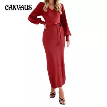 Женское осенне-зимнее трикотажное платье, облегающее платье-свитер с глубоким V-образным вырезом S темно-красного