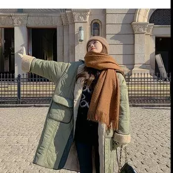 Женское осенне-зимнее утолщенное большое хлопковое пальто средней длины из искусственной овечьей шерсти с внутренней подкладкой, хлопковое пальто XL зелёный