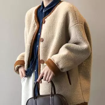 Женское осенне-зимнее утолщенное пальто из овечьей шерсти, свободная теплая куртка из гранулированного бархата с круглым вырезом и длинными рукавами, пушистая повседневная верхняя одежда M верблюд