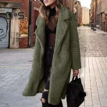 Женское осенне-зимнее утолщенное плюшевое пальто с лацканами и длинным рукавом, шерстяное пальто, сплошной цвет, повседневная длинная верхняя одежда L верблюд