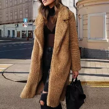 Женское осенне-зимнее утолщенное плюшевое пальто с лацканами и длинным рукавом, шерстяное пальто, сплошной цвет, повседневная длинная верхняя одежда L верблюд
