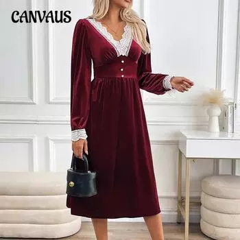 Женское осенне-зимнее вечернее бархатное длинное кружевное платье с контрастными цветами S бордовый