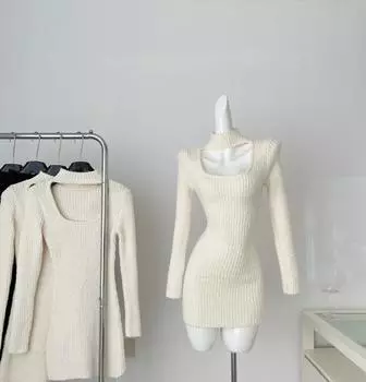 Женское осенне-зимнее вязаное платье-свитер, европейская мода, платье-свитер с длинными рукавами, элегантное шикарное полое платье, одежда для вечеринок S бежевый