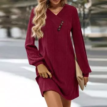 Женское осенне-зимнее вязаное платье-туника, повседневное платье с длинным рукавом, V-образным вырезом и пуговицами, свободного кроя, с карманом L винный