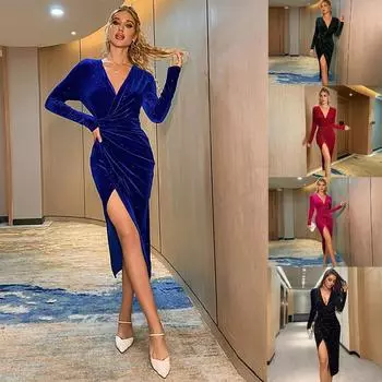 Женское осенне-зимнее золотое бархатное вечернее платье для ночного клуба, сексуальное облегающее платье до середины икры с открытыми ногами и длинными рукавами S розовый