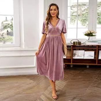 Женское осеннее элегантное бархатное длинное платье с V-образным вырезом и коротким рукавом с высокой талией S розовый