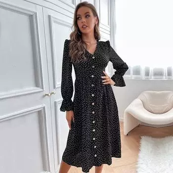 Женское осеннее элегантное черное платье в горошек с длинными рукавами и V-образным вырезом с высокой талией, шикарные платья с принтом, S-XL S чёрный